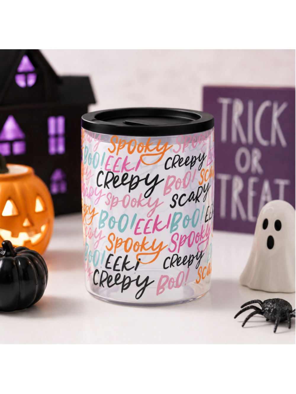 NWT Halloween Double Wall Acrylic Tumbler w/ Slider Lid Spooky Boo Creepy Cup